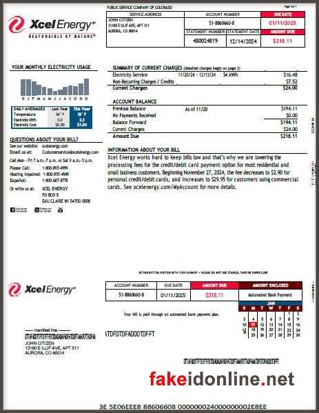 Xcel Energy (MN/CO/TX/NM/WI/MI/ND/SD) Utility Bill Template